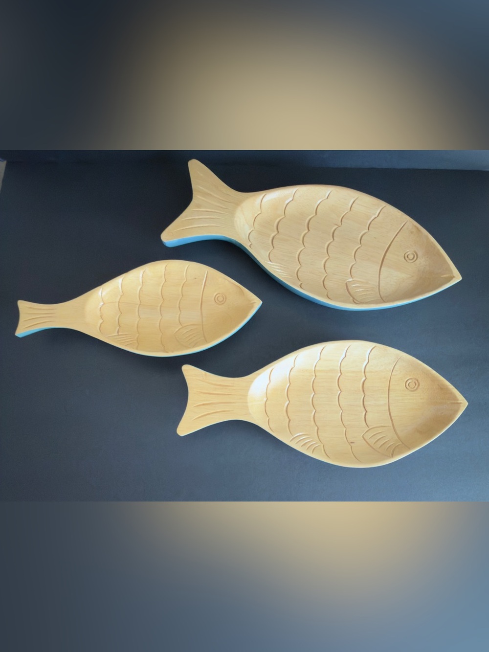 Set Of 3 Wood Nesting Hand-Painted Fish Design Serving Trays. By Clay Art